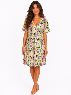 Dora & Agnes Floral Wrap Dress Yellow Pink Garden Party Cottagecore Size M